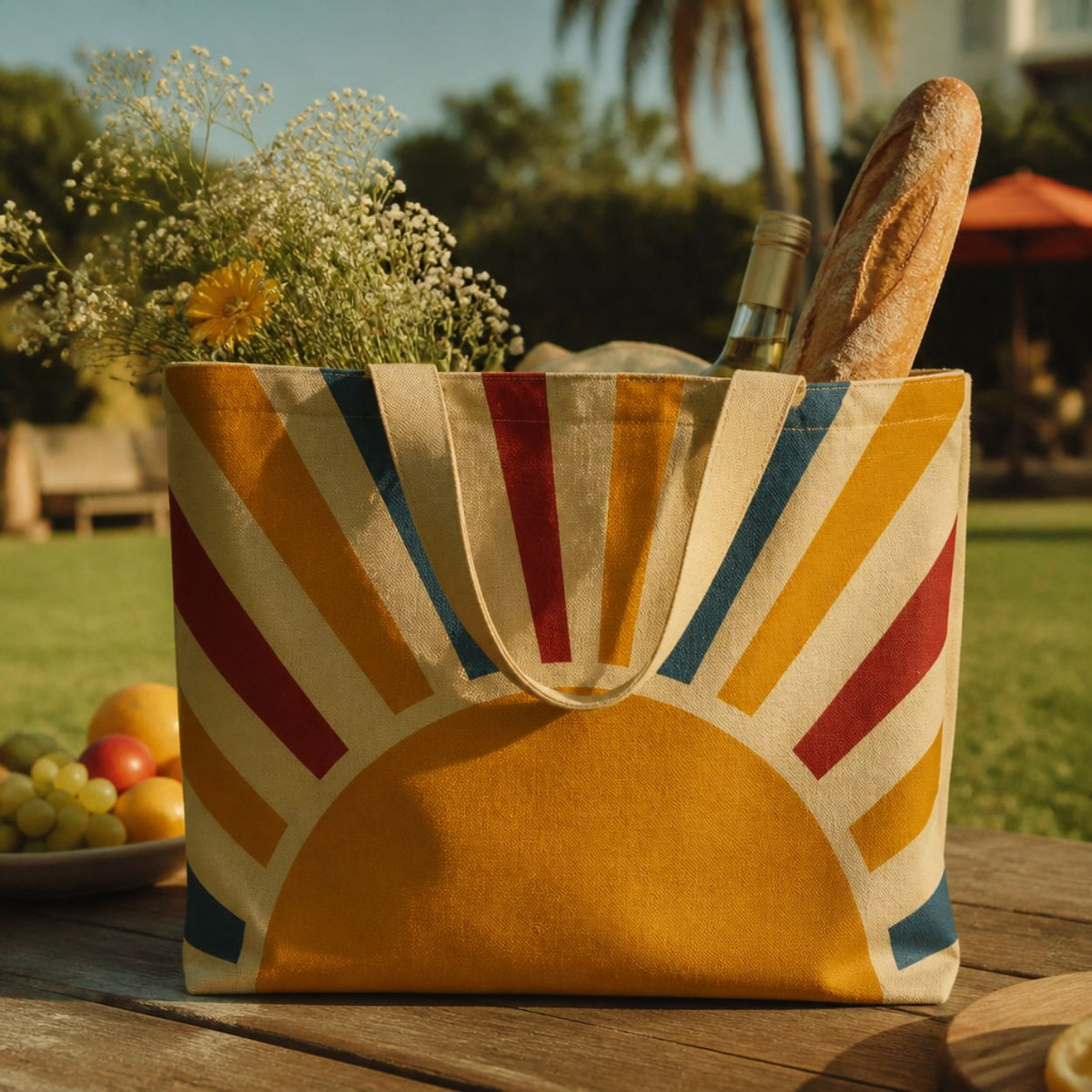 Aurora tote bag on a garden table filled with flowers and a baguette