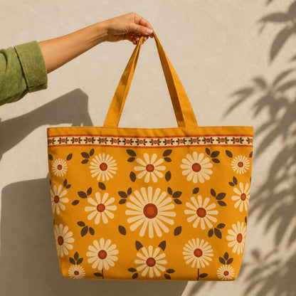 Daisy tote bag held up against a sunlit cream wall — retro white daisies on mustard cotton canvas