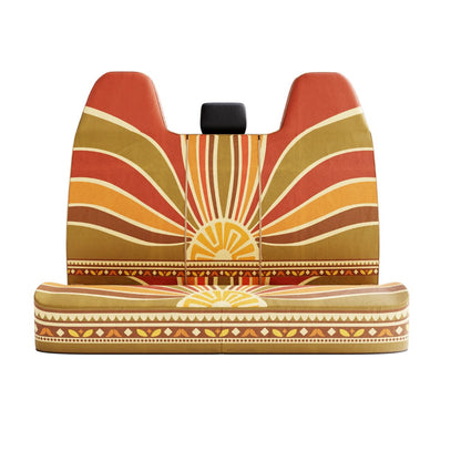 Halo back seat cover (2.5 seats), front view — retro sunset print in rust and gold