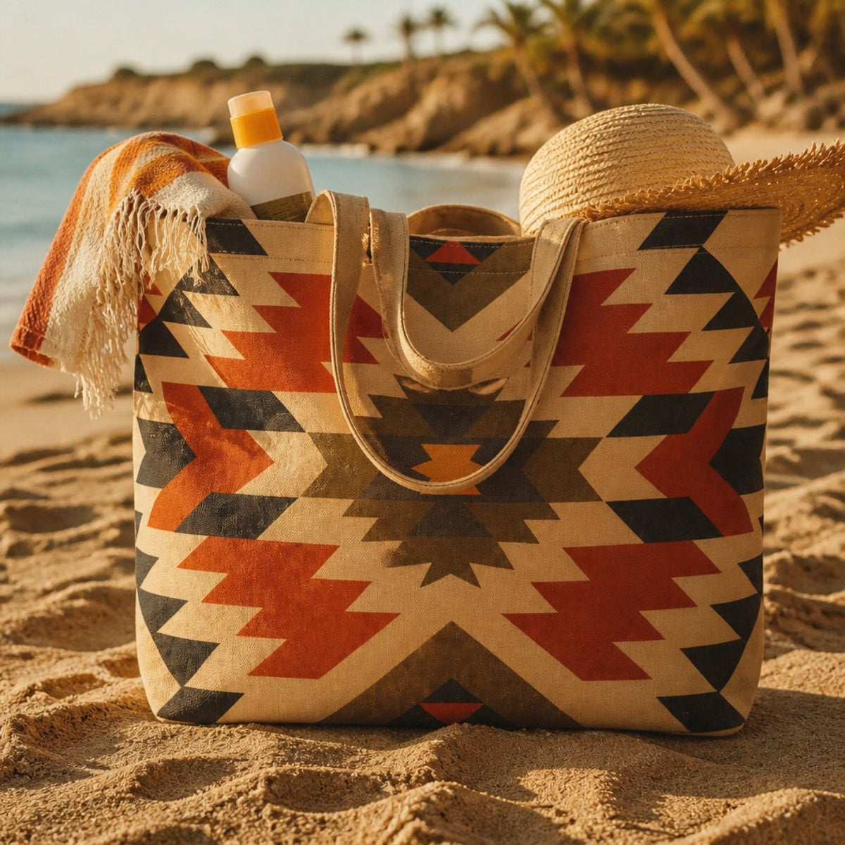 Inca tote bag on the beach packed with a straw hat and towel