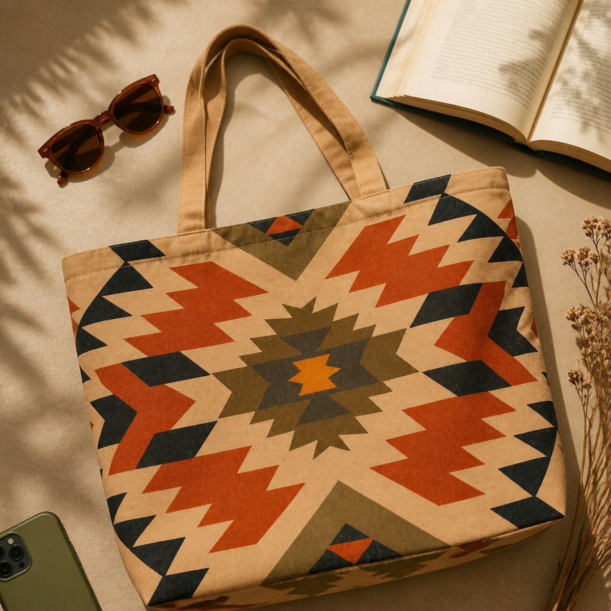 Inca tote bag flat lay with sunglasses and an open book