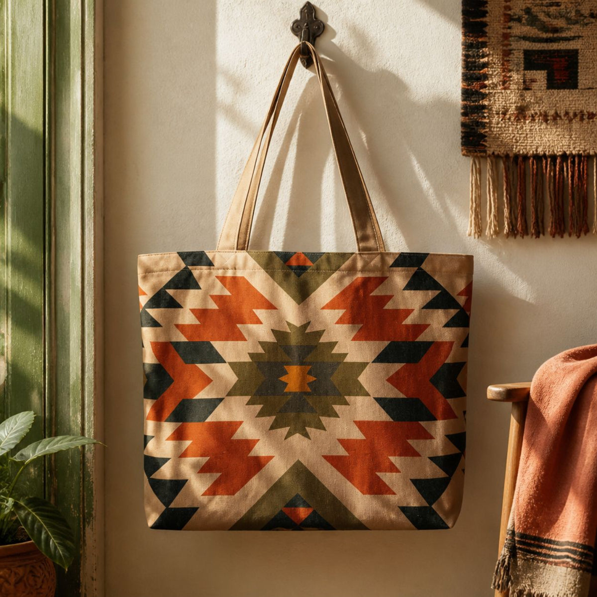 Inca tote bag hanging on a hook beside a woven wall textile