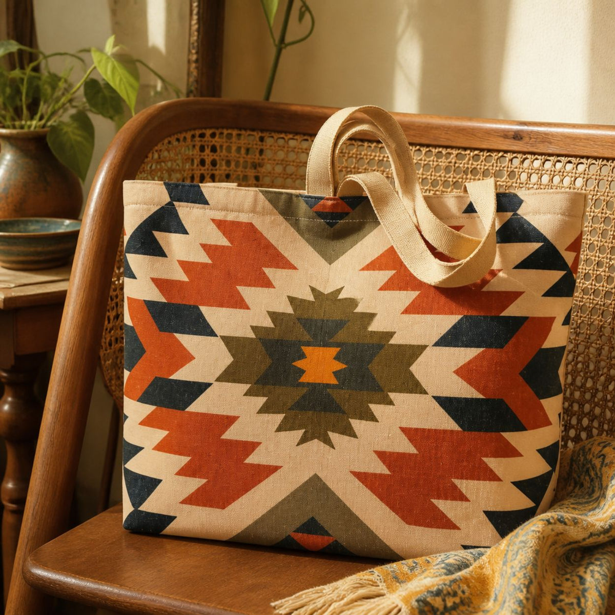 Inca aztec tote bag on a cane chair in a sunlit room