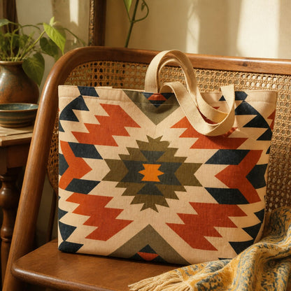 Inca aztec tote bag on a cane chair in a sunlit room