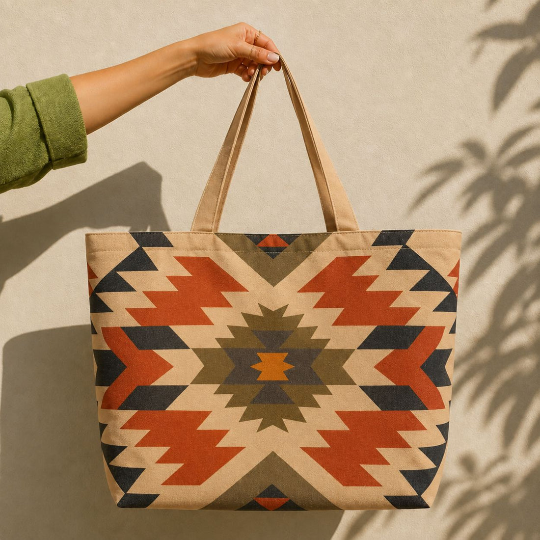 Inca tote bag held against a sunlit wall — aztec medallion in rust, navy and olive on tan