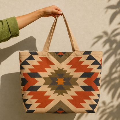 Inca tote bag held against a sunlit wall — aztec medallion in rust, navy and olive on tan