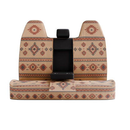 Indigo back seat cover with the middle section opened for the fold-down armrest
