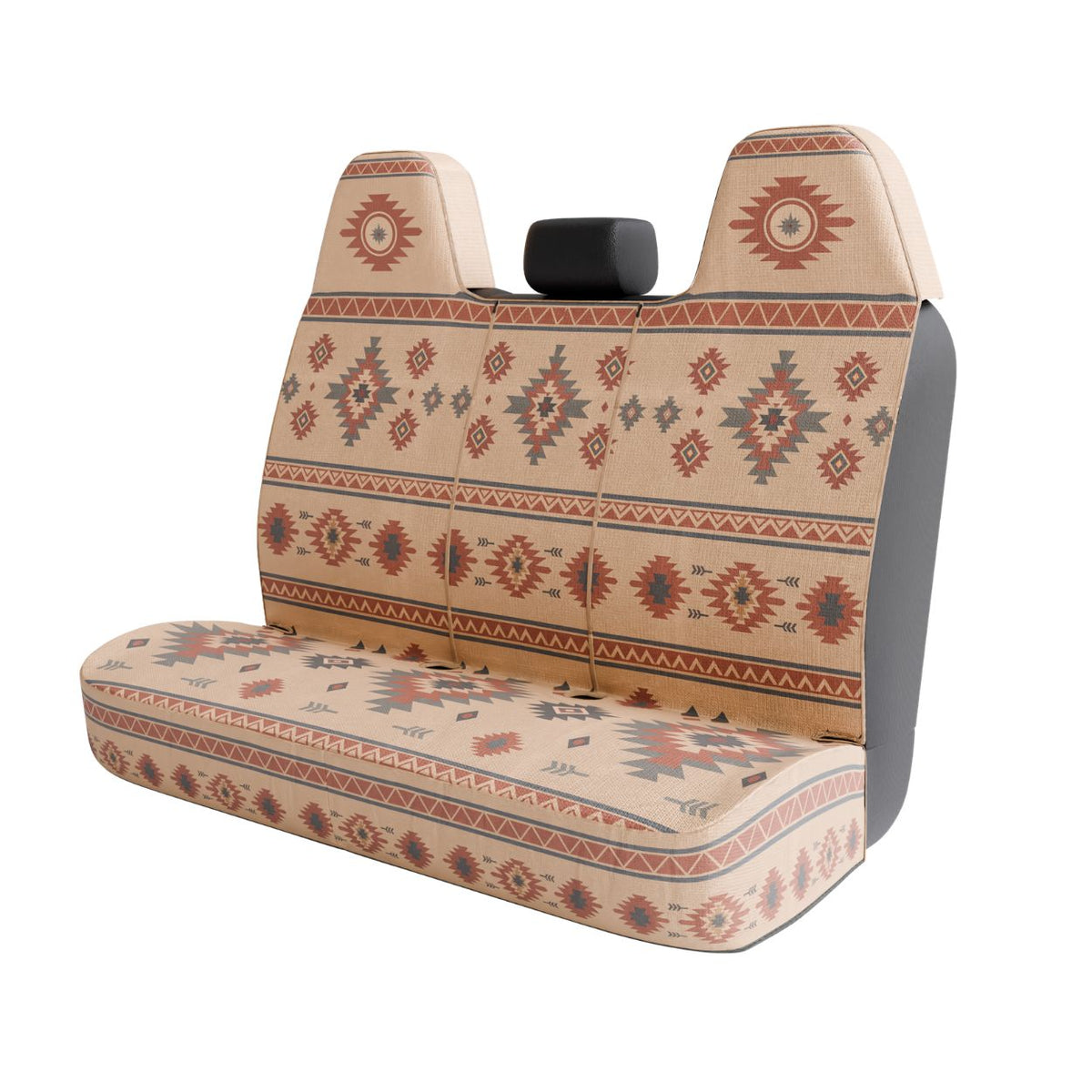 Indigo back seat cover angled view — southwestern print across the full back seat