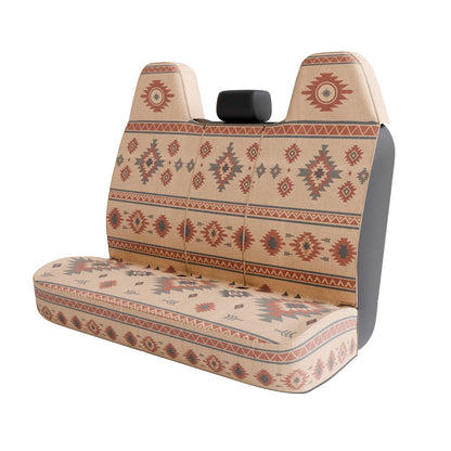 Indigo back seat cover angled view — southwestern print across the full back seat