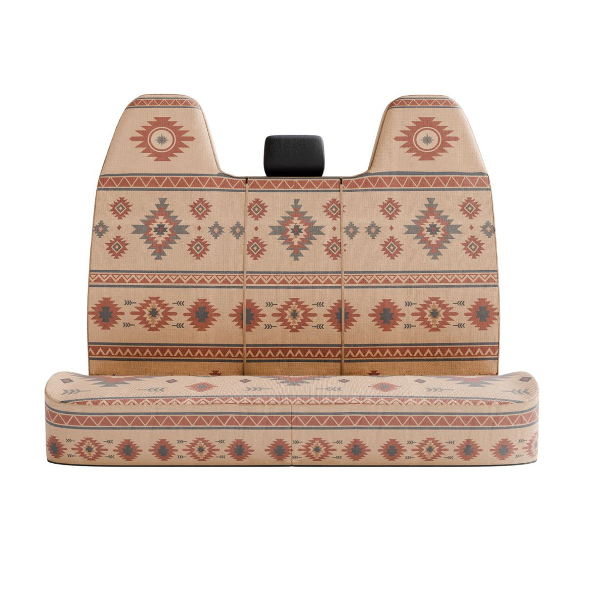 Indigo back seat cover (2.5 seats), front view — tan southwestern aztec print