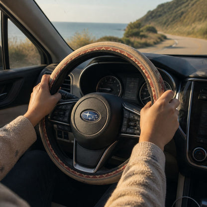Hands on the Indigo steering wheel cover by Solara while driving, cream Aztec print, another angle