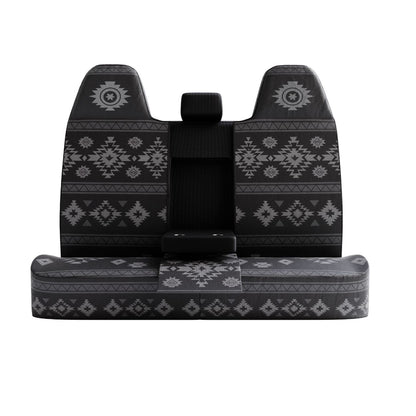 Karma back seat cover with the middle section opened for the fold-down armrest