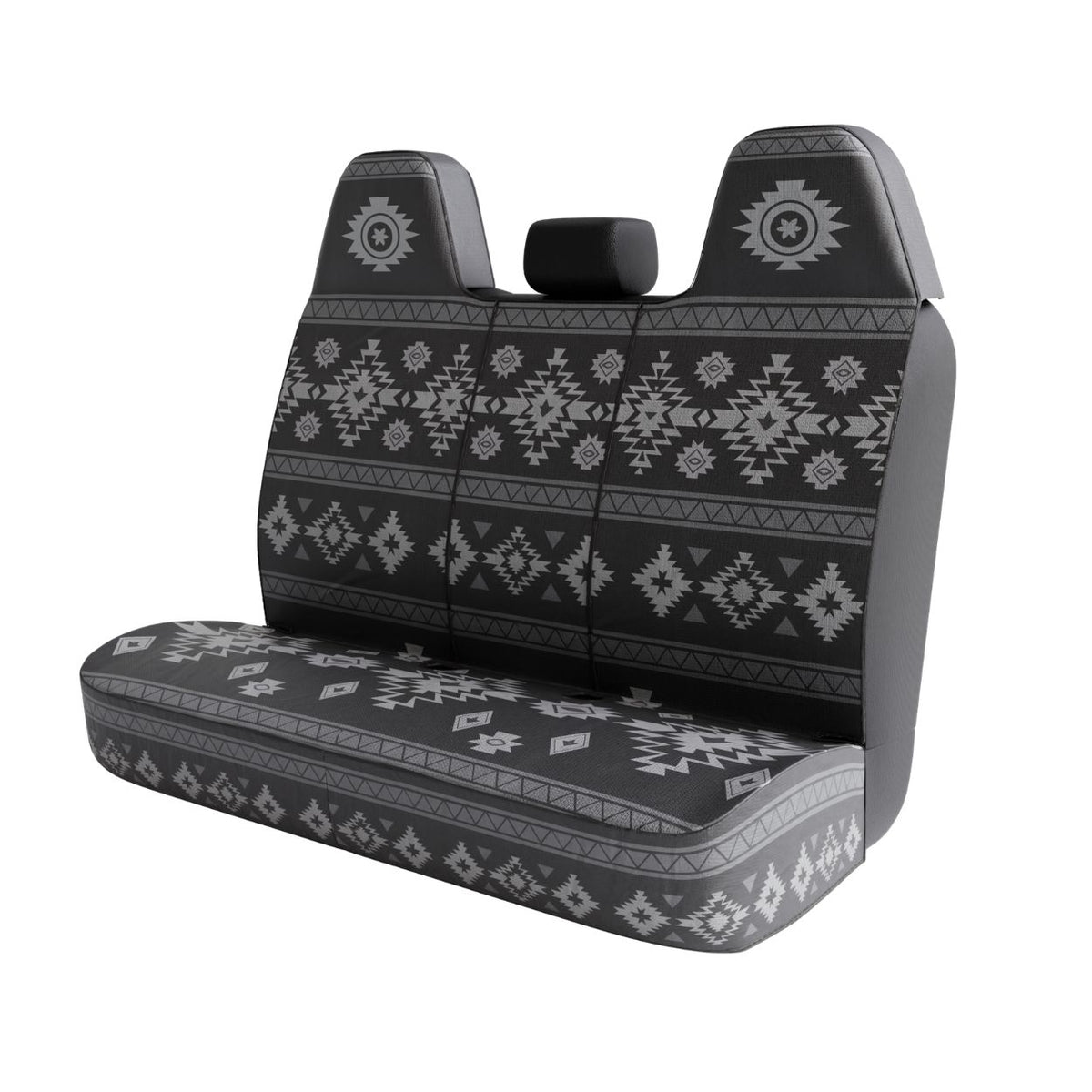 Karma back seat cover angled view — grey aztec print across the full back seat