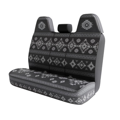 Karma back seat cover angled view — grey aztec print across the full back seat