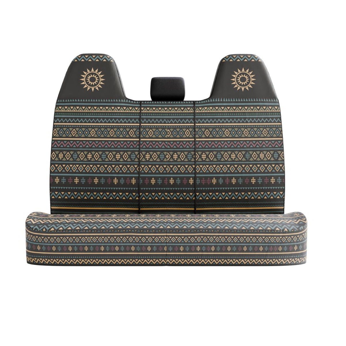 Lima back seat cover (2.5 seats), front view — dark teal boho stripe print with suns