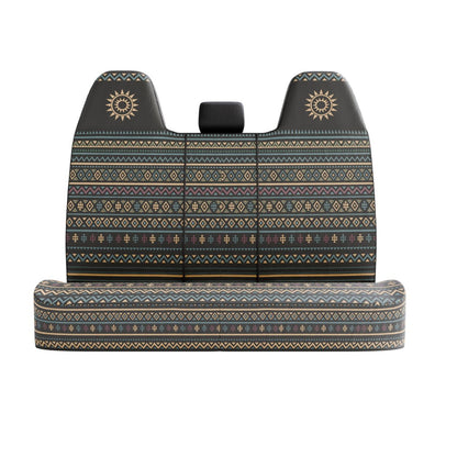 Lima back seat cover (2.5 seats), front view — dark teal boho stripe print with suns