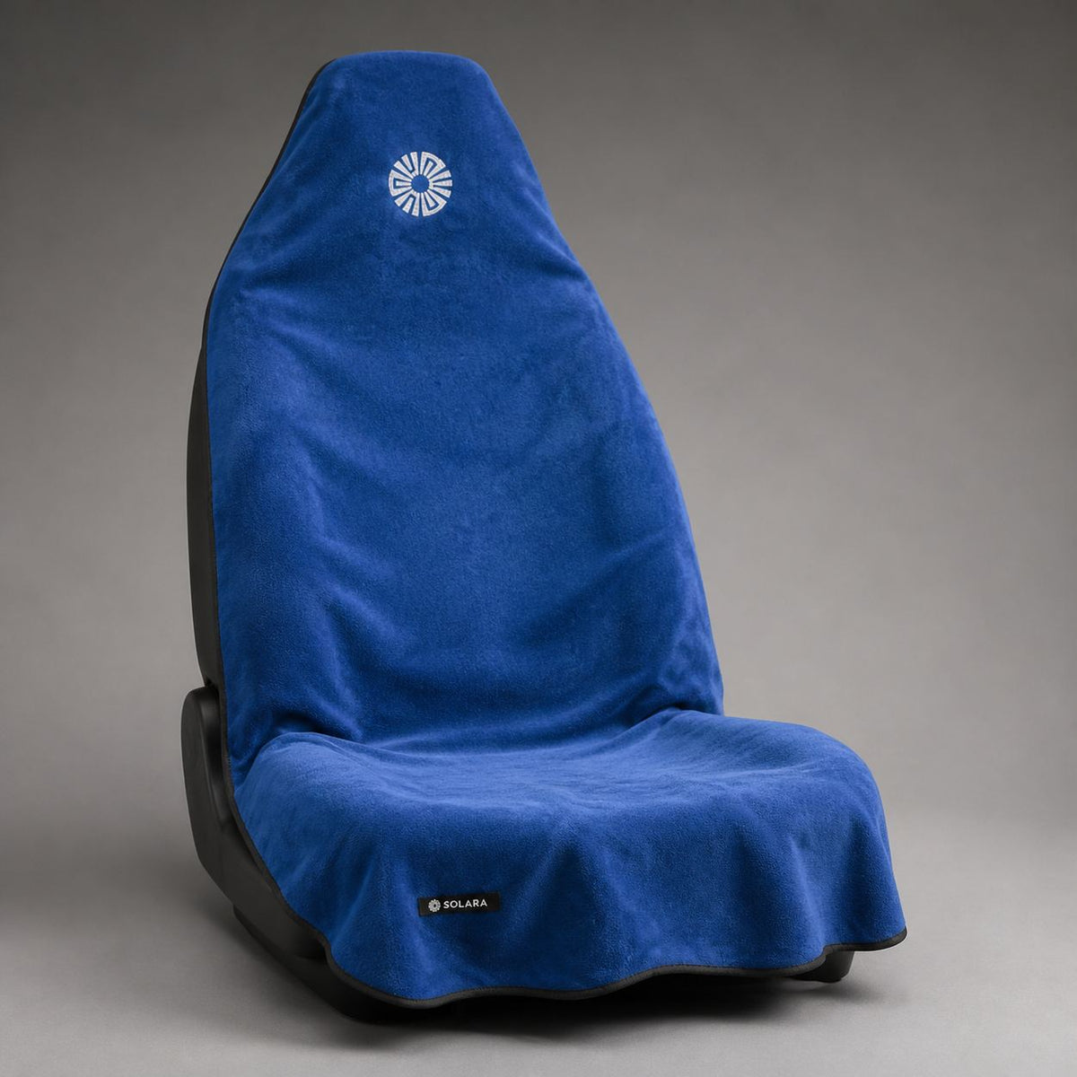 Marina blue car seat towel by Solara covering the full seat, thick towel pile