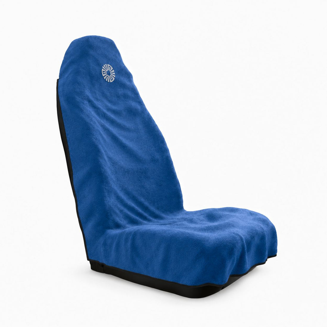 Marina blue car seat towel by Solara, three-quarter view with the hood pulled over the top of the seat