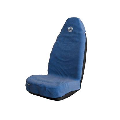 Marina blue car seat towel by Solara on a front car seat, embroidered sun logo on the headrest