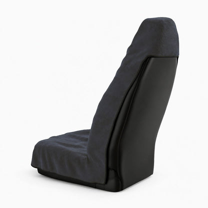 Neblina grey car seat towel by Solara, back view: the hood slips over the top of the seat