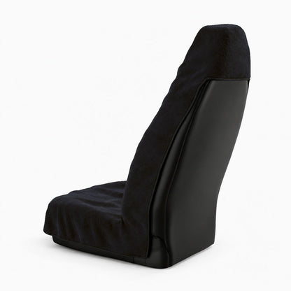 Noche black car seat towel by Solara, back view: the hood slips over the top of the seat