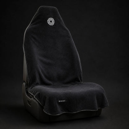 Noche black car seat towel by Solara on a car seat, studio shot