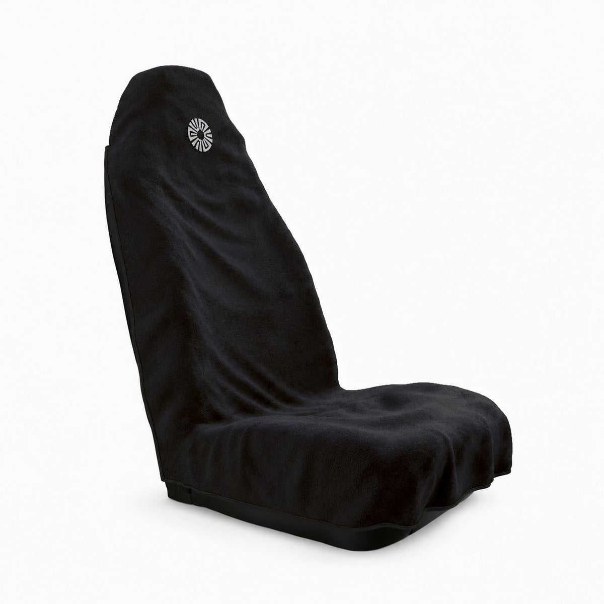 Noche black car seat towel by Solara, three-quarter view with the hood pulled over the top of the seat