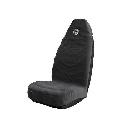Noche black car seat towel by Solara on a front car seat, embroidered sun logo on the headrest