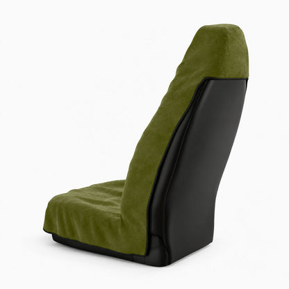 Oliva olive green car seat towel by Solara, back view: the hood slips over the top of the seat