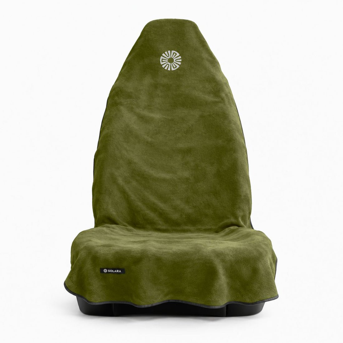 Oliva olive green car seat towel by Solara on a front car seat, front view with the embroidered sun logo on the hood