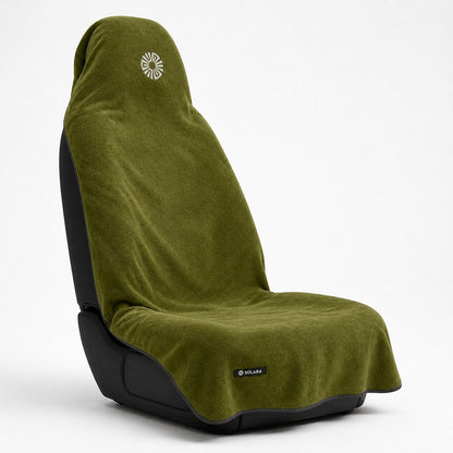 Oliva olive green car seat towel by Solara on a car seat, side view