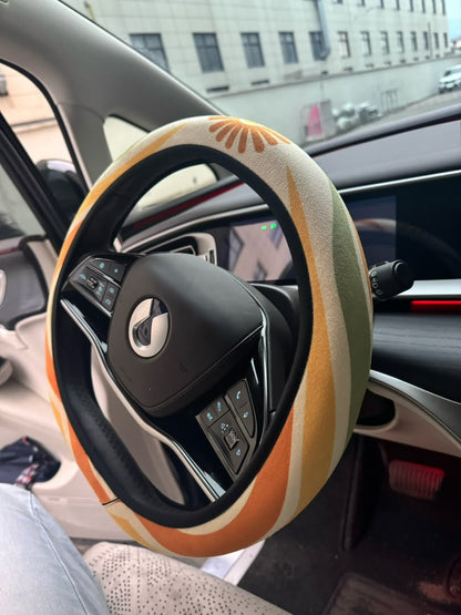 Ripple steering wheel cover — tangerine, mustard, olive and cream wave print, faux suede with neoprene grip | Solara