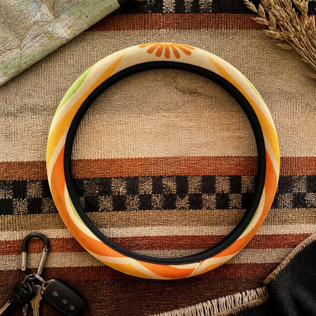 Ripple steering wheel cover by Solara on a woven blanket next to car keys, tangerine, mustard, olive and cream wave print