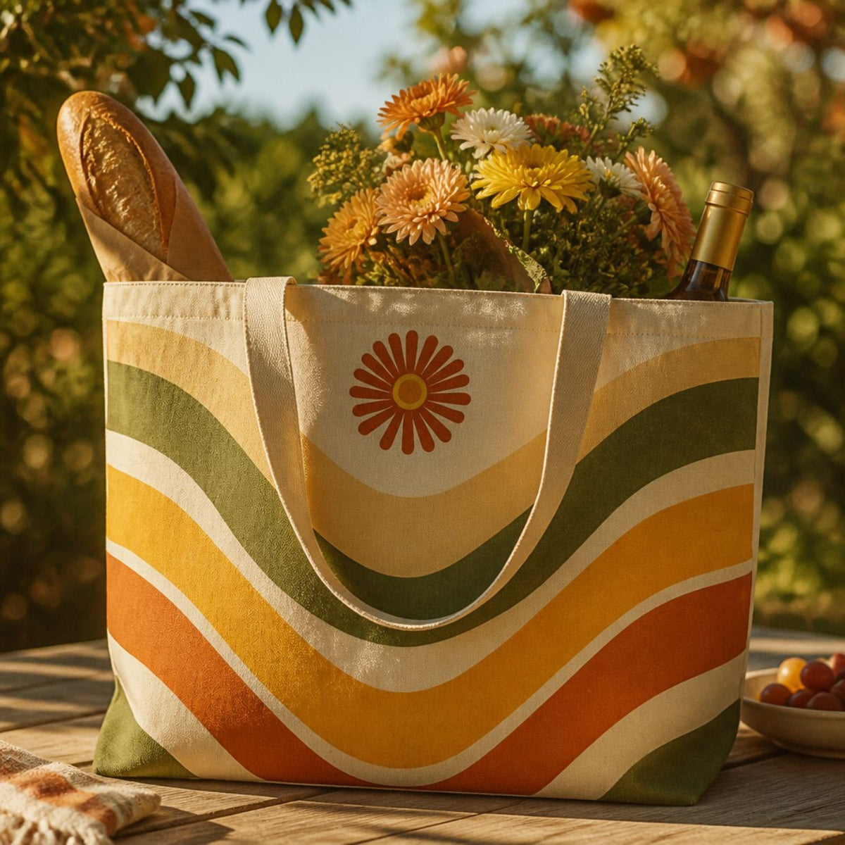 Ripple tote bag in a garden filled with flowers, a baguette and wine
