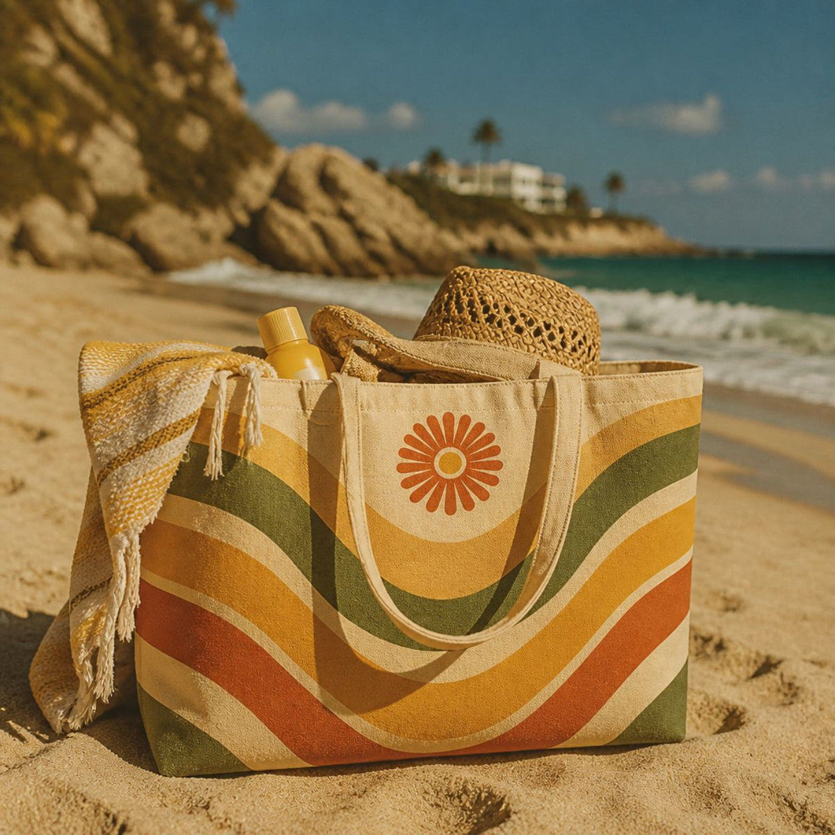 Ripple tote bag on the beach with a striped throw and straw hat