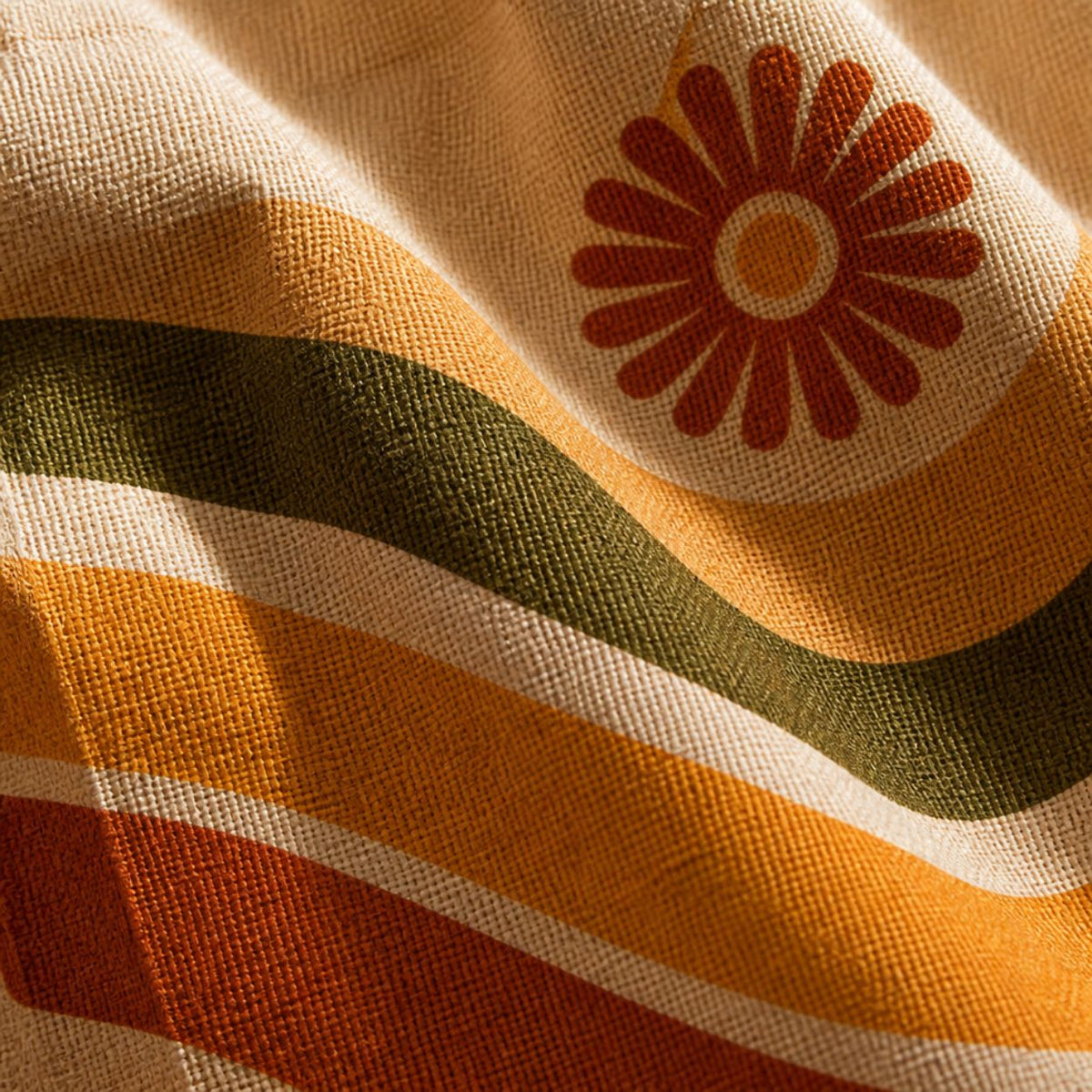 Macro detail of the Ripple weave — wavy bands in olive, marigold and rust