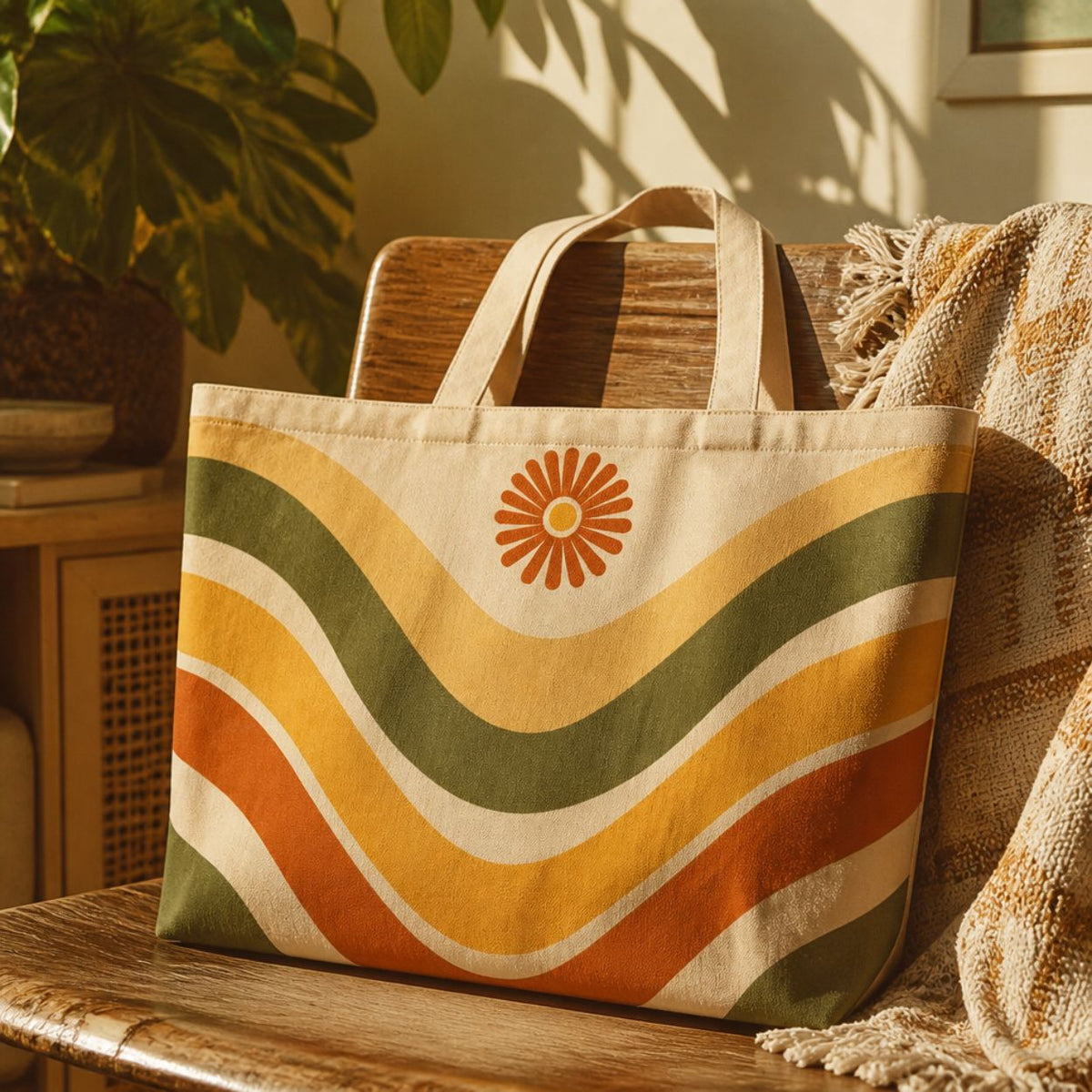 Ripple retro wave tote bag on a wooden bench indoors