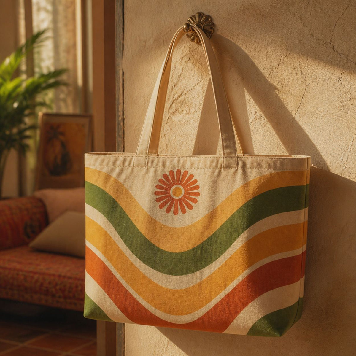 Ripple tote bag hanging on a wall hook in warm afternoon light