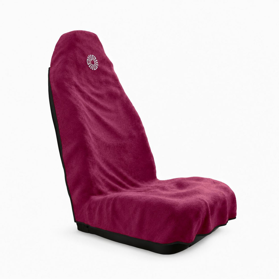 Rosa pink car seat towel by Solara, three-quarter view with the hood pulled over the top of the seat