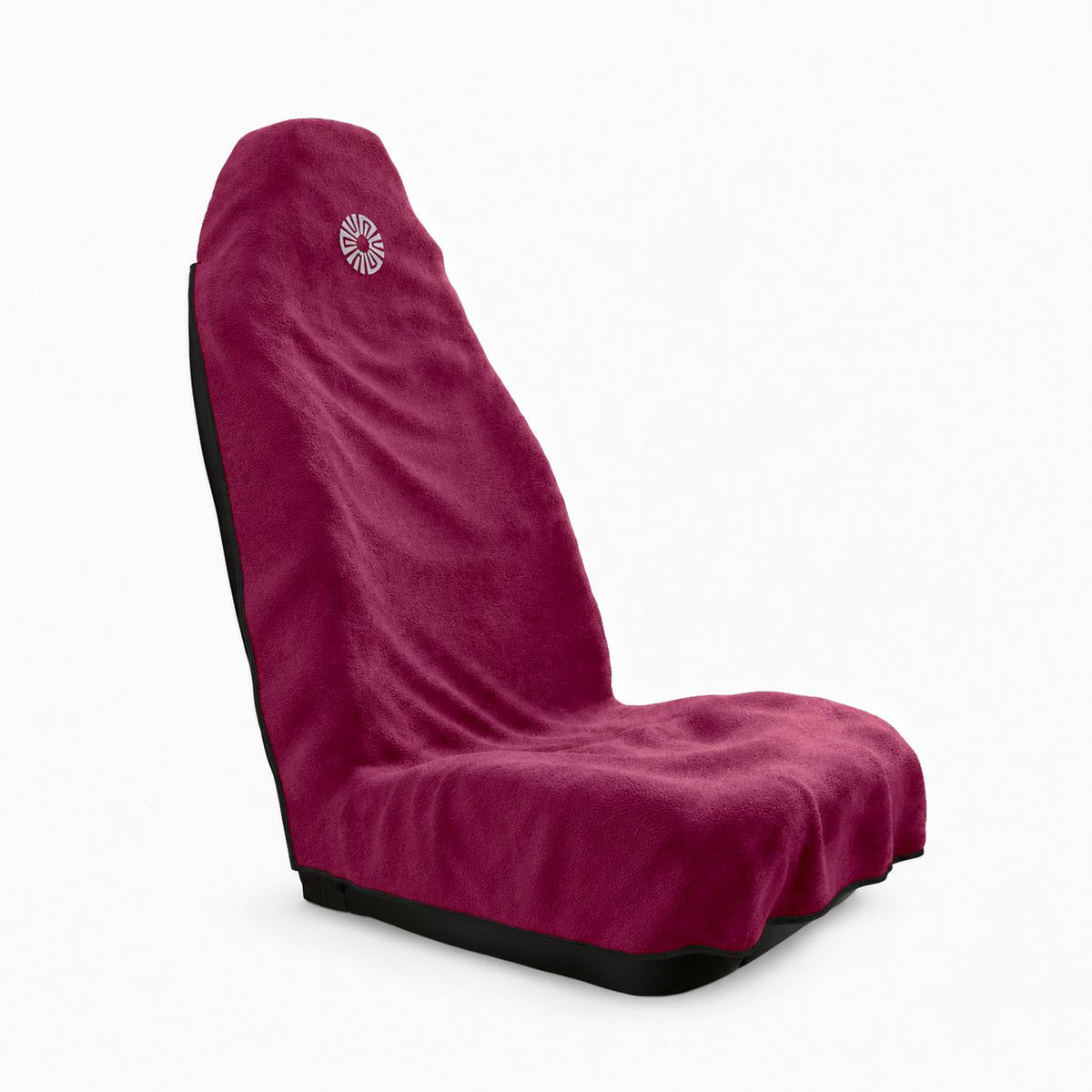 Rosa pink car seat towel by Solara, three-quarter view with the hood pulled over the top of the seat