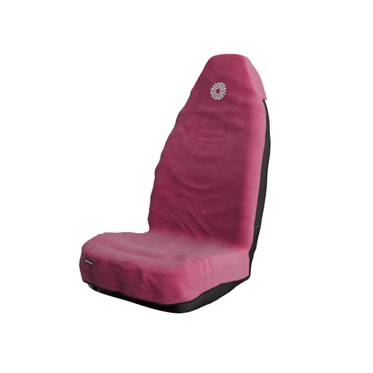 Rosa pink car seat towel by Solara on a front car seat, embroidered sun logo on the headrest
