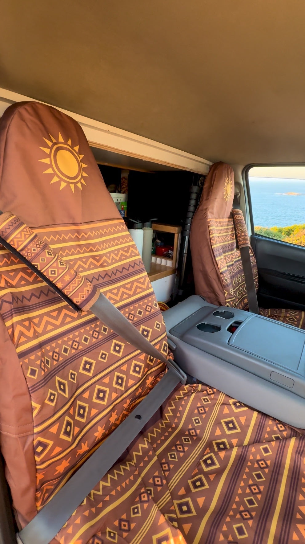 Solara Savana Aztec universal seat cover - brown &amp; rust lifestyle shot