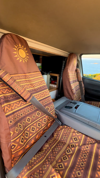Solara Savana Aztec universal seat cover - brown &amp; rust lifestyle shot