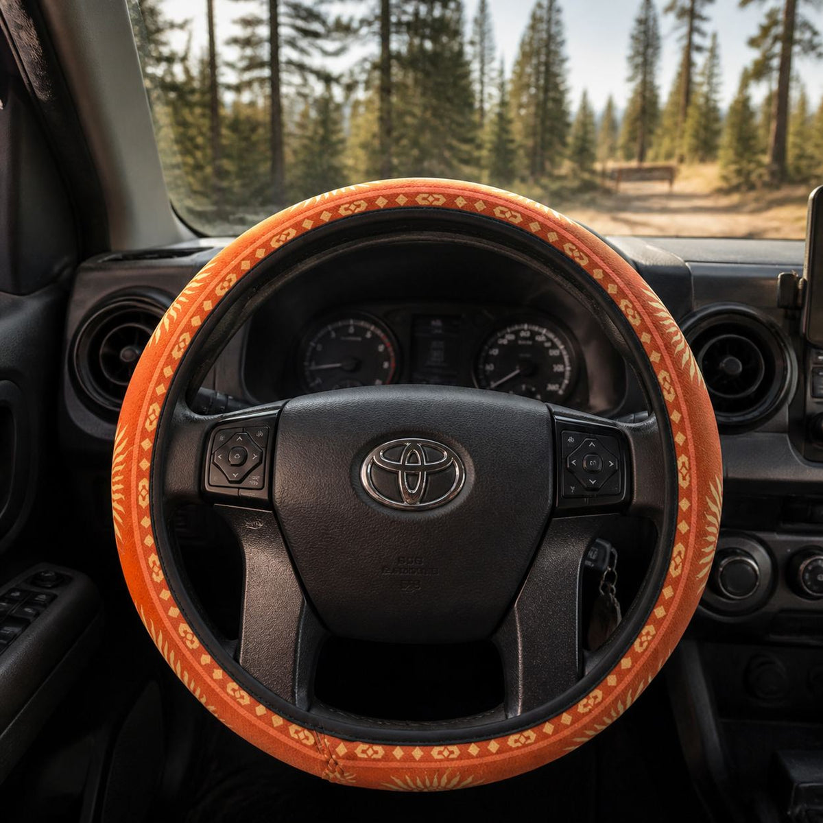 Sol steering wheel cover by Solara on a car steering wheel, driver&