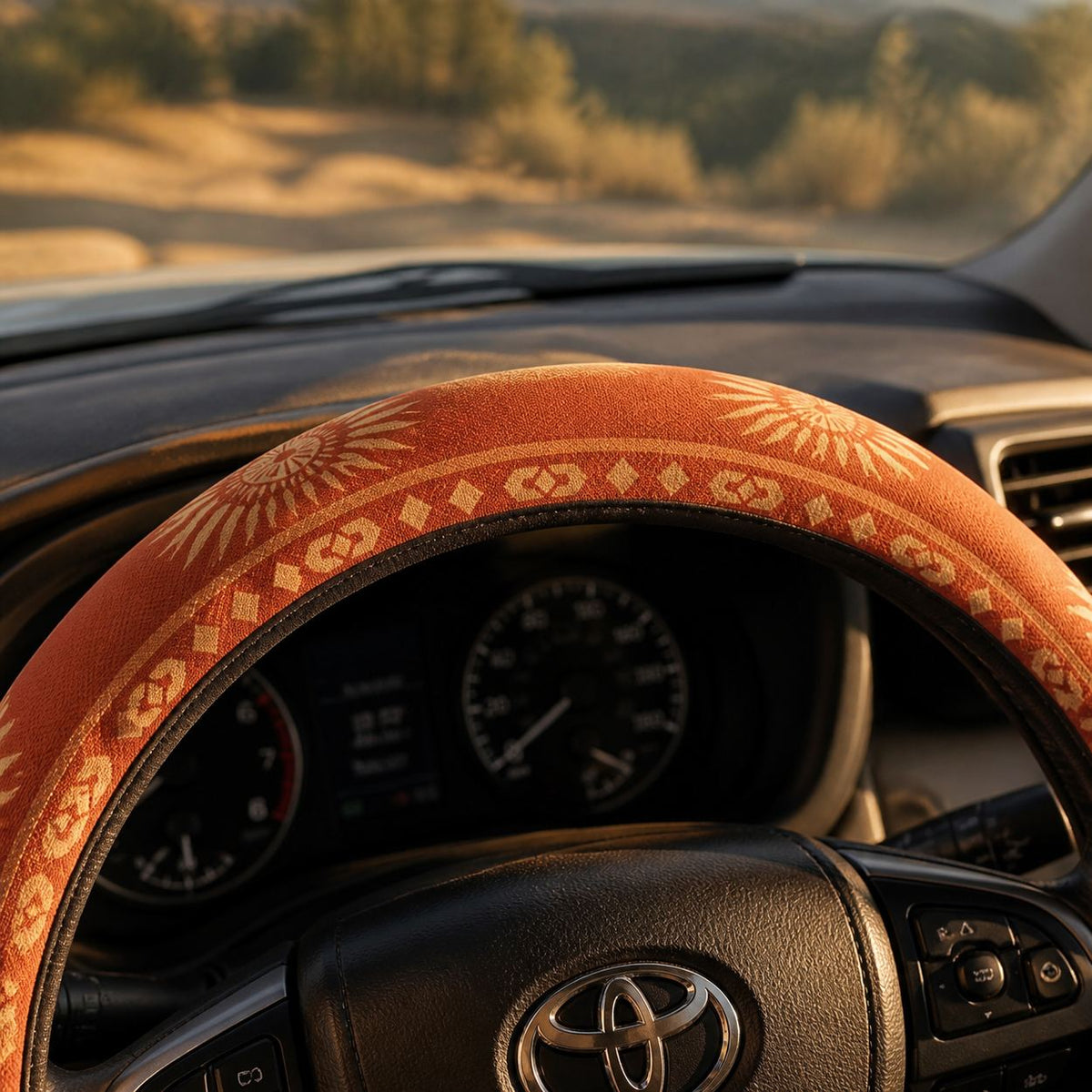 Top of the Sol steering wheel cover by Solara over the dashboard gauges, warm orange sunburst print