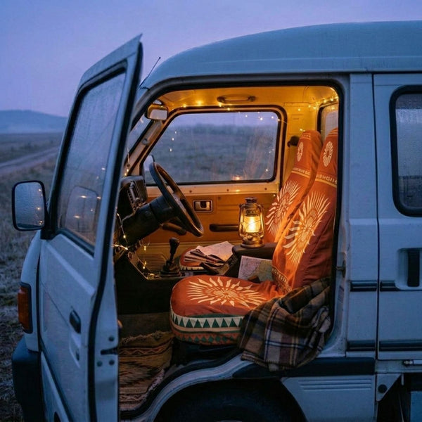 Solara armrest cover in a van at dusk