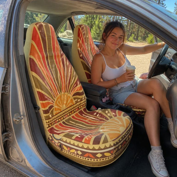 Solara seat cover in a car with a smiling driver