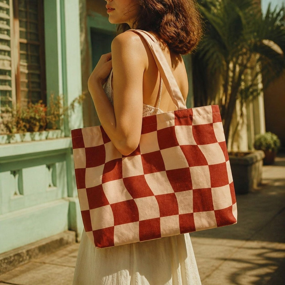 Terra checkerboard tote bag over the shoulder on a palm-lined street