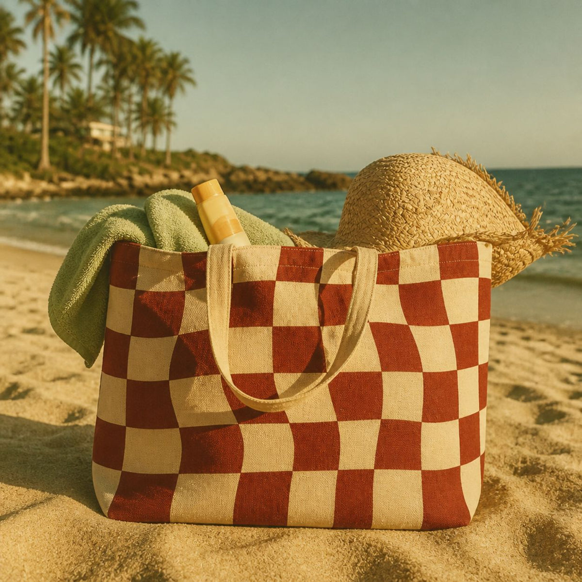 Terra tote bag on the beach with a straw hat and green towel