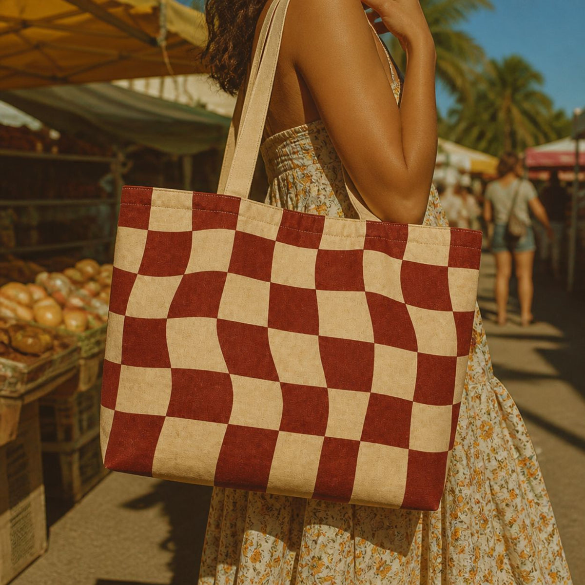 Terra checker tote bag carried through the farmers market